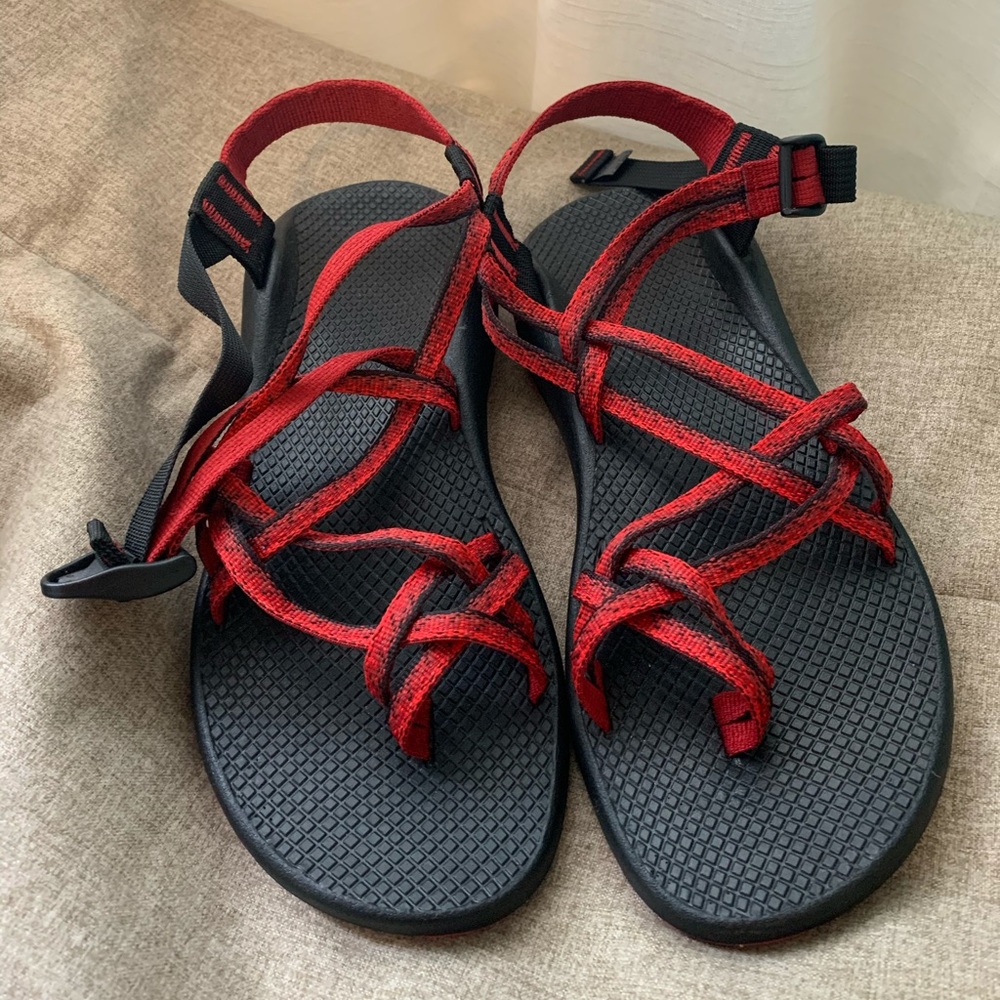 red double strapped chaco sandals